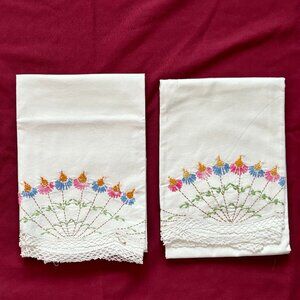 2 Hand Embroidered Crochet Edged Pillowcases
